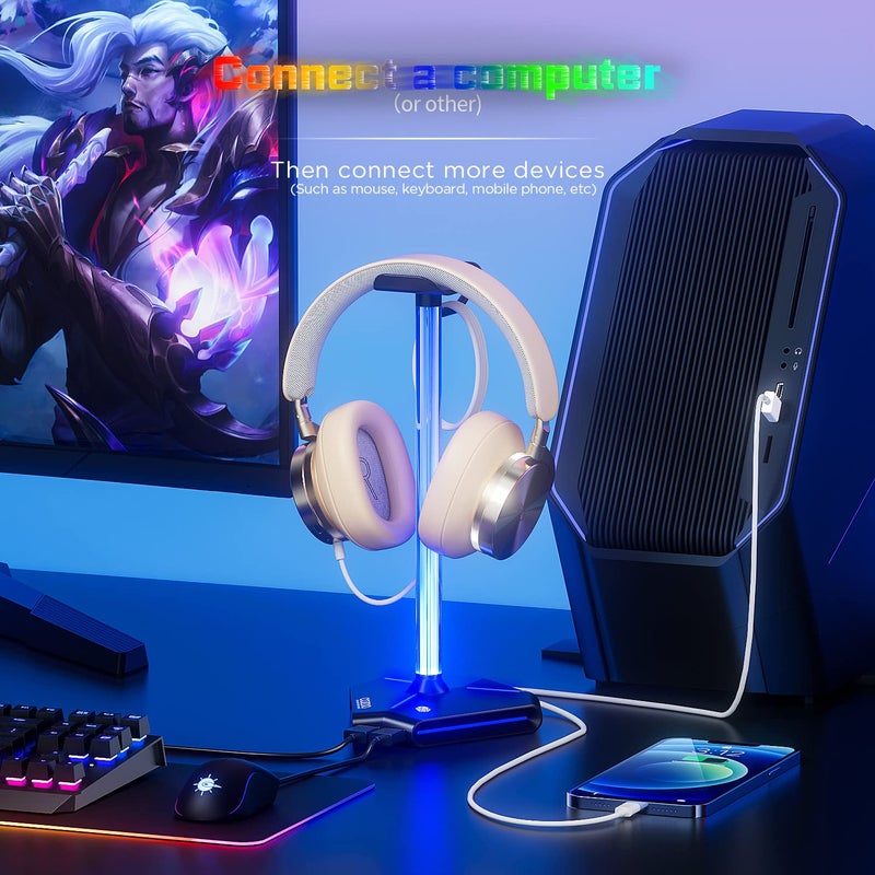 cozoo RGB Headphone Stand with 2 USB2.0 Extension Charging Port Extender Cord,Headset Stand Holder for Gamer Desktop Table Game Earphone Accessories,PC Gaming Accessories for Gamer,Gifts for Boyfriend - Image 2
